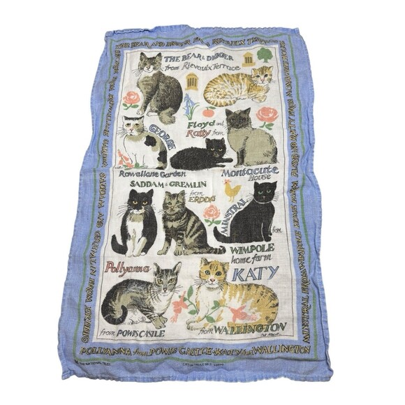 Pat Albeck National Trust  Vintage Pat Albeck National Trust Linen Tea Towel Cats in Trust 2 Blue White